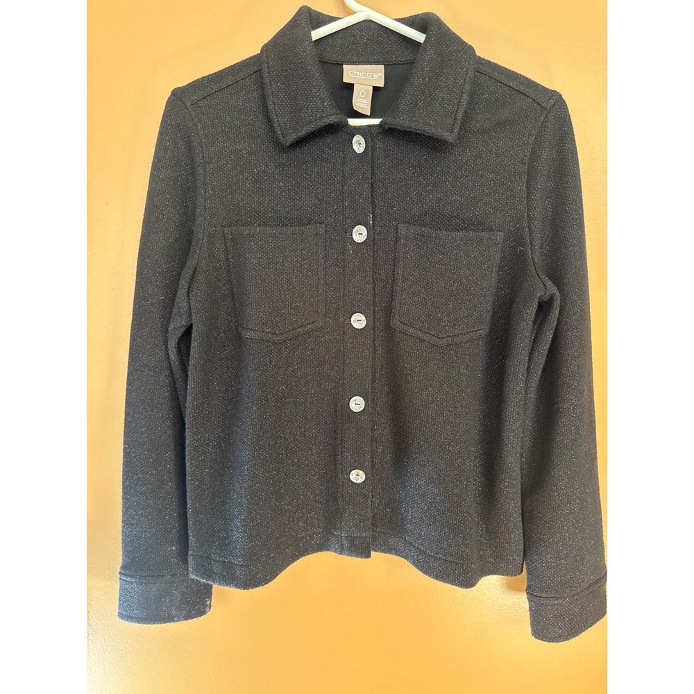 Chicos Black Metallic Knit Shacket Button Front Jacket Shirt Size 0 S Small